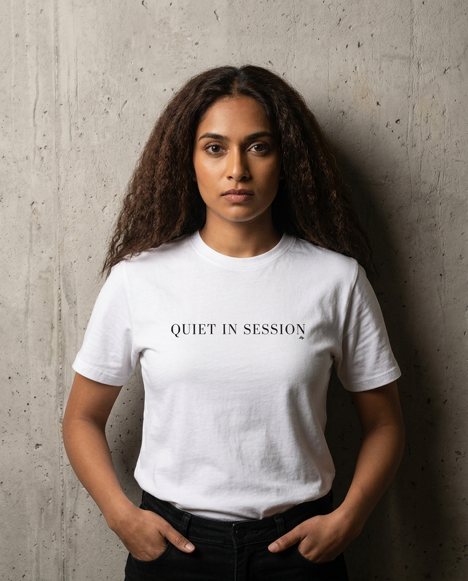 Quiet In Session Champion T-Shirt — Minimalist White Crewneck Tee
