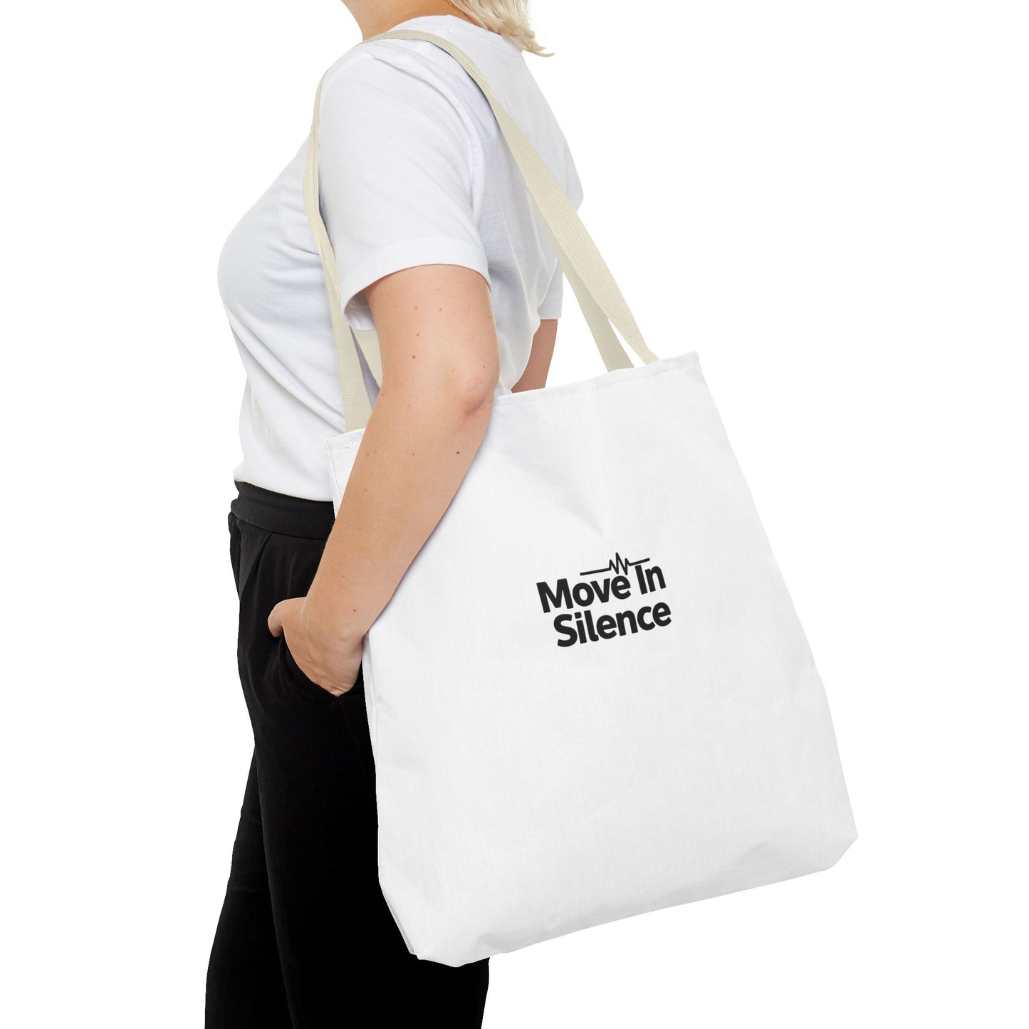 Move In Silence Tote Bag — Minimalist Black Logo Everyday Shopper