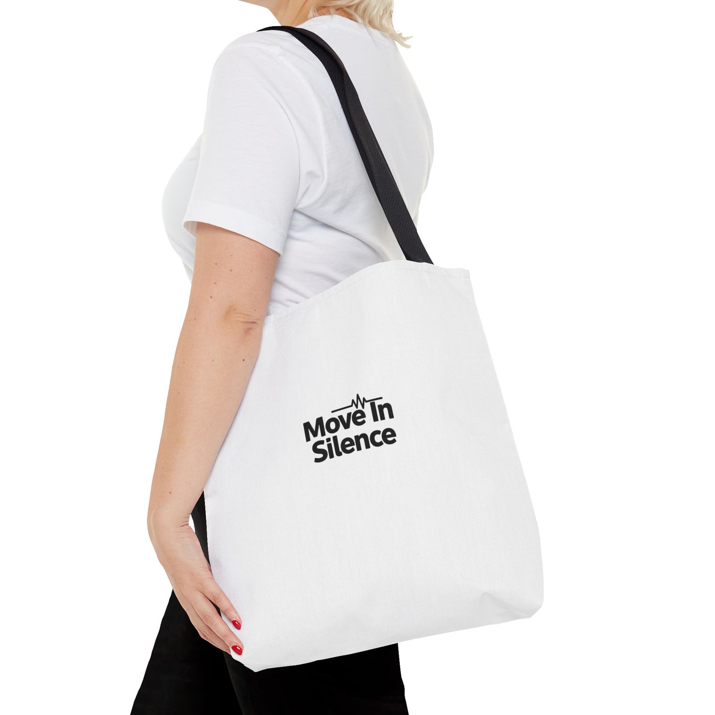 Move In Silence Tote Bag — Minimalist Black Logo Everyday Shopper