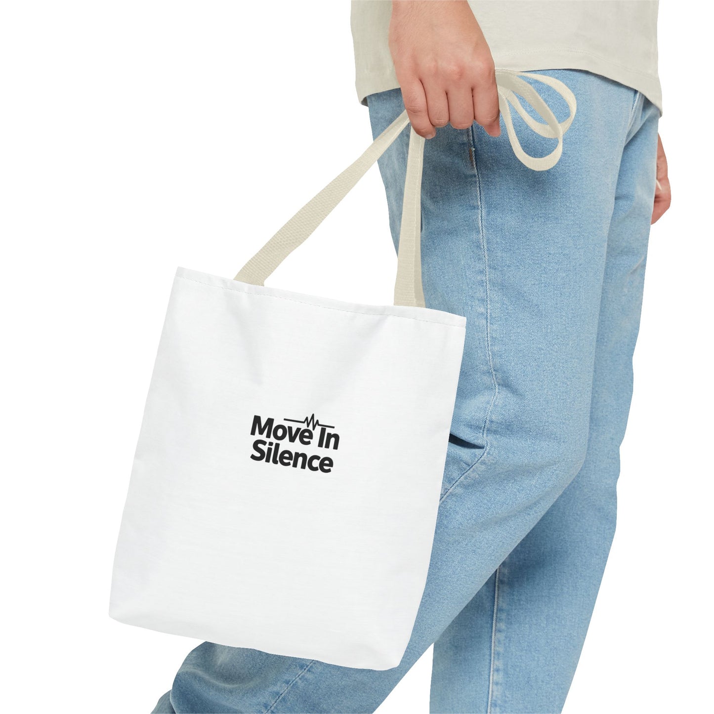 Move In Silence Tote Bag — Minimalist Black Logo Everyday Shopper