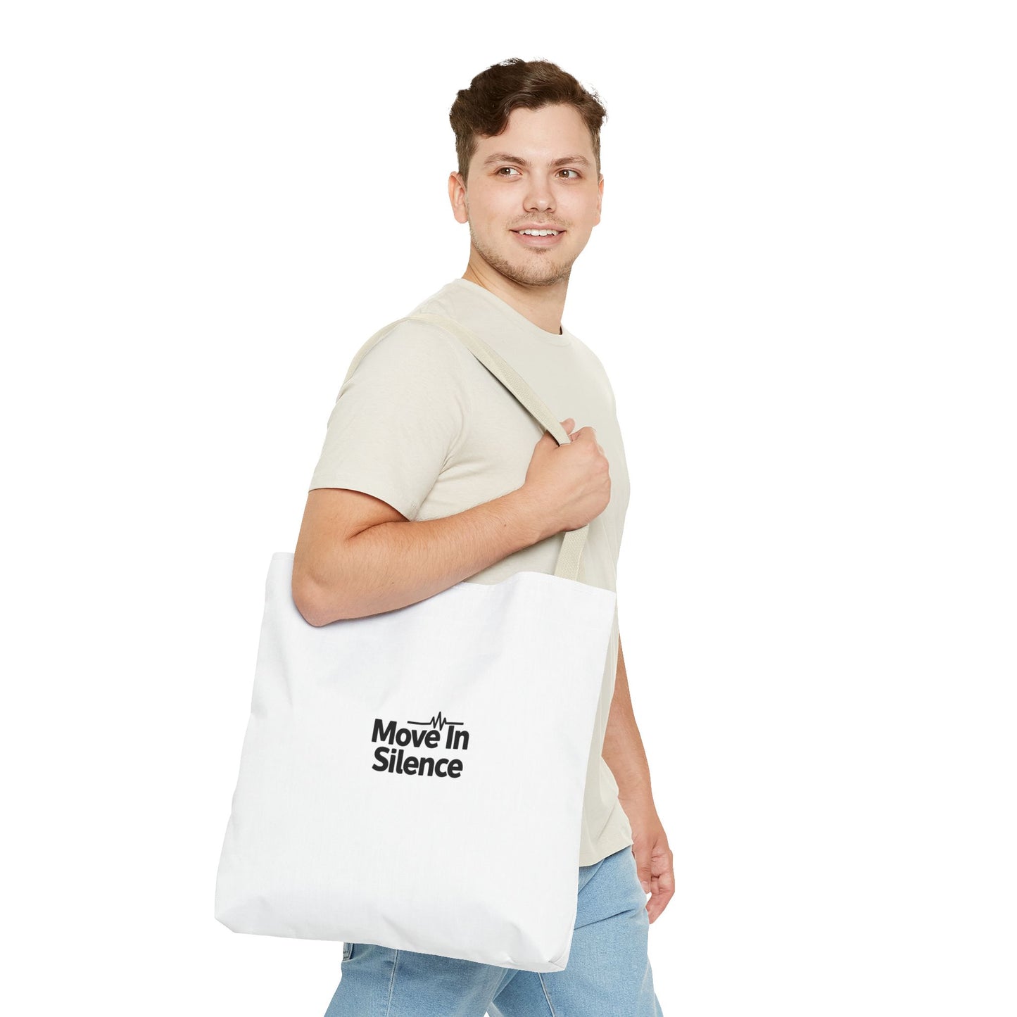 Move In Silence Tote Bag — Minimalist Black Logo Everyday Shopper