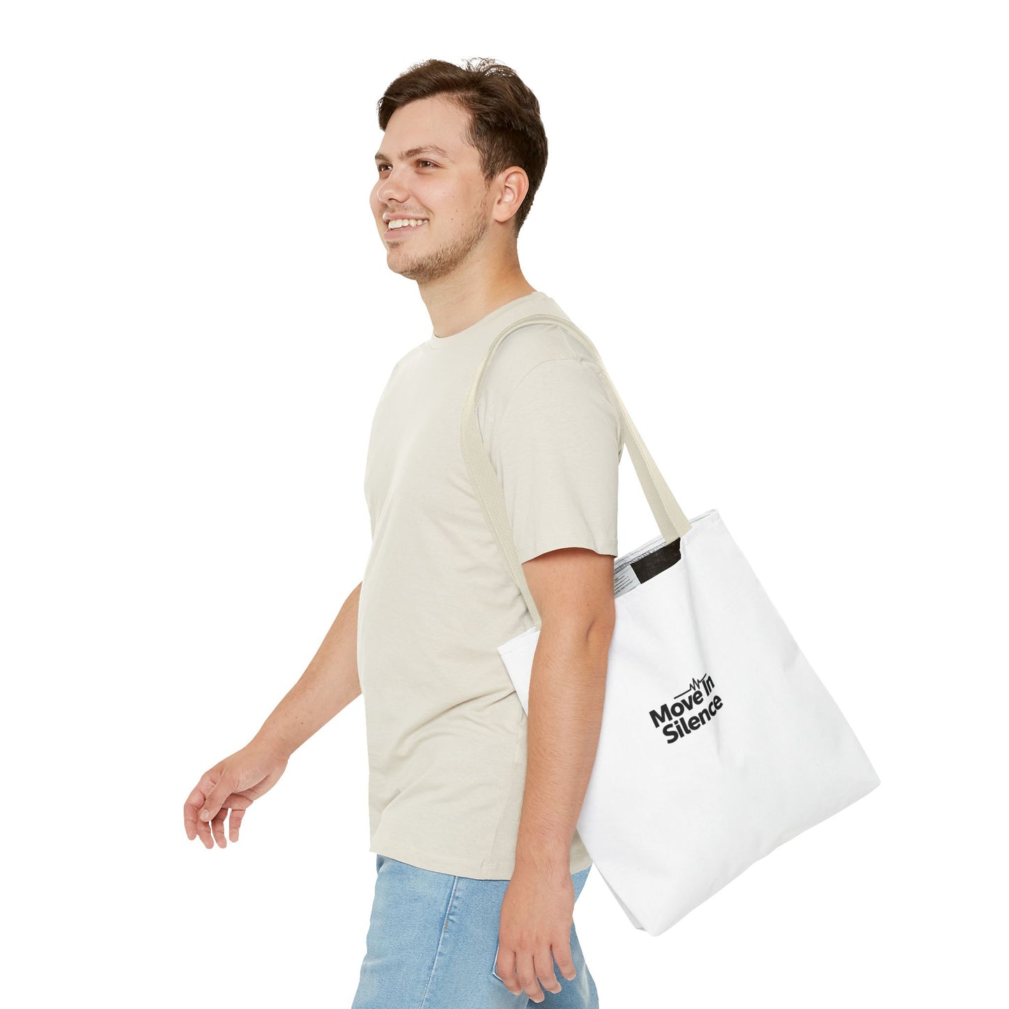 Move In Silence Tote Bag — Minimalist Black Logo Everyday Shopper