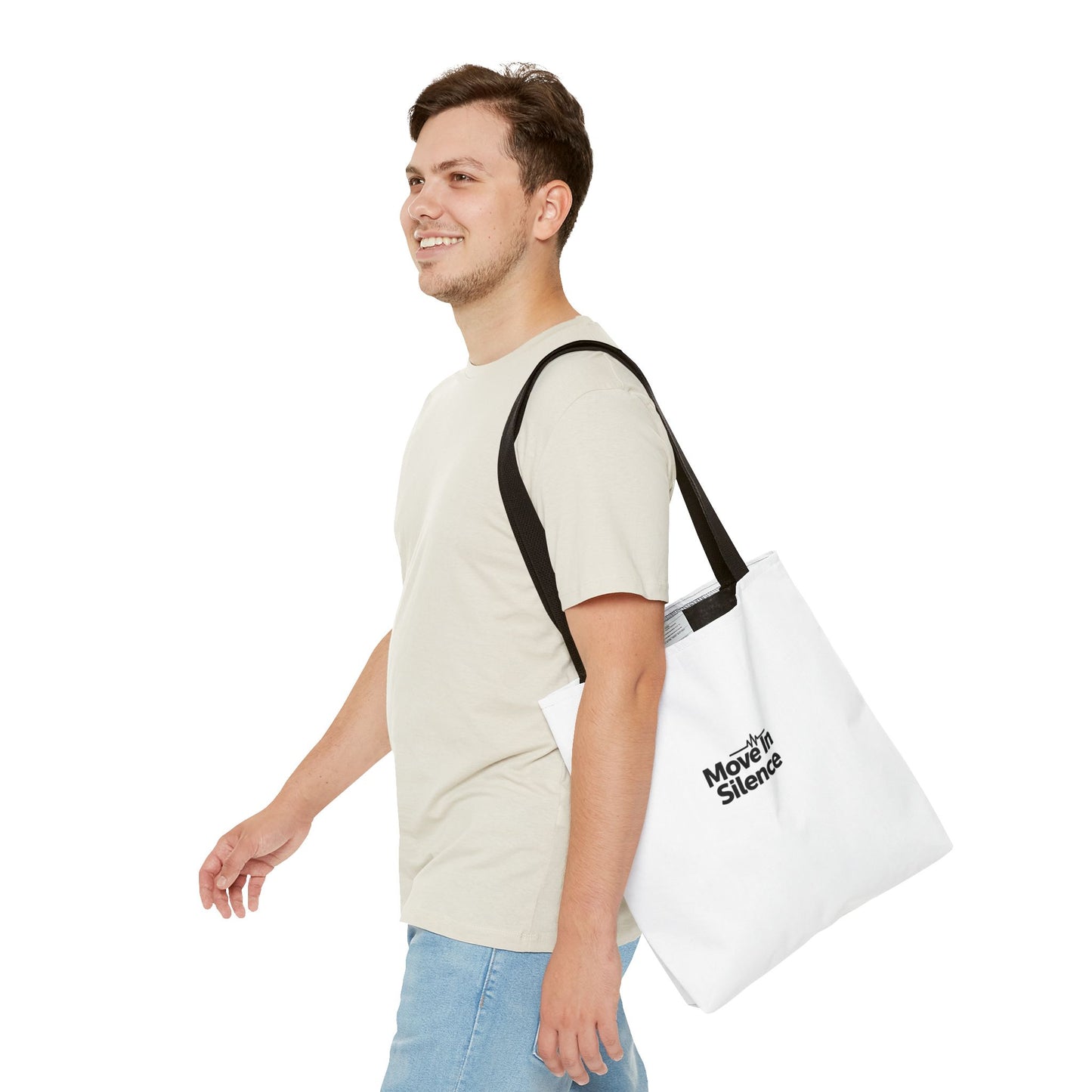 Move In Silence Tote Bag — Minimalist Black Logo Everyday Shopper