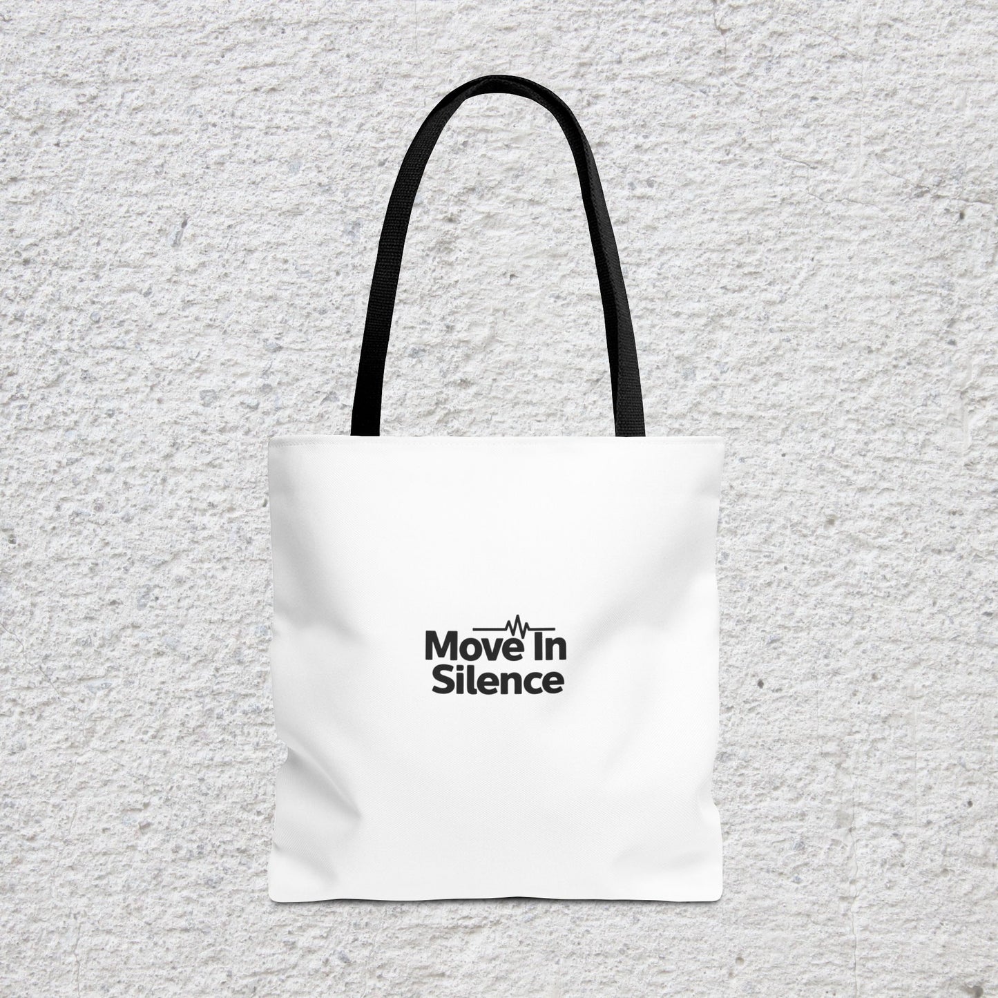 Move In Silence Tote Bag — Minimalist Black Logo Everyday Shopper