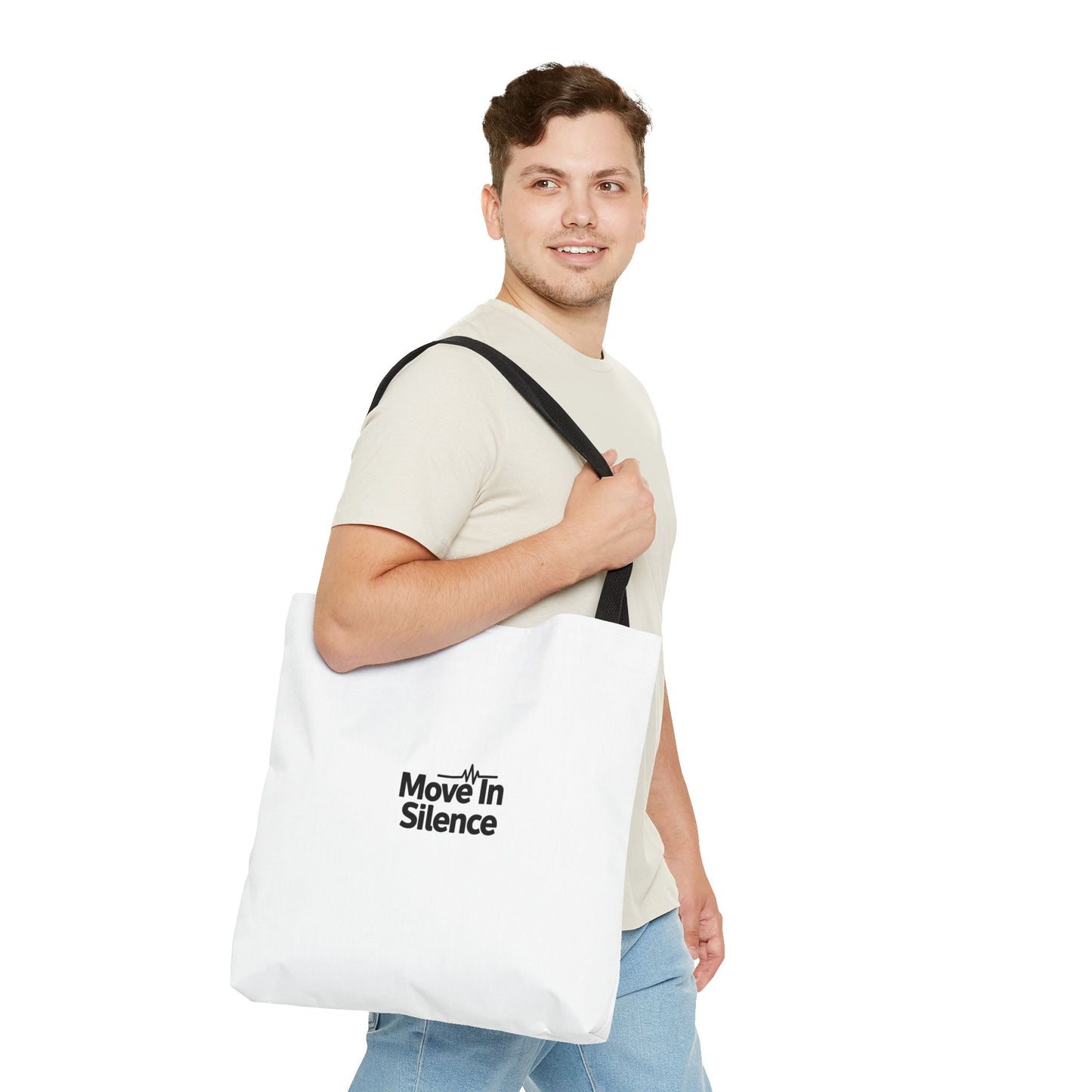 Move In Silence Tote Bag — Minimalist Black Logo Everyday Shopper