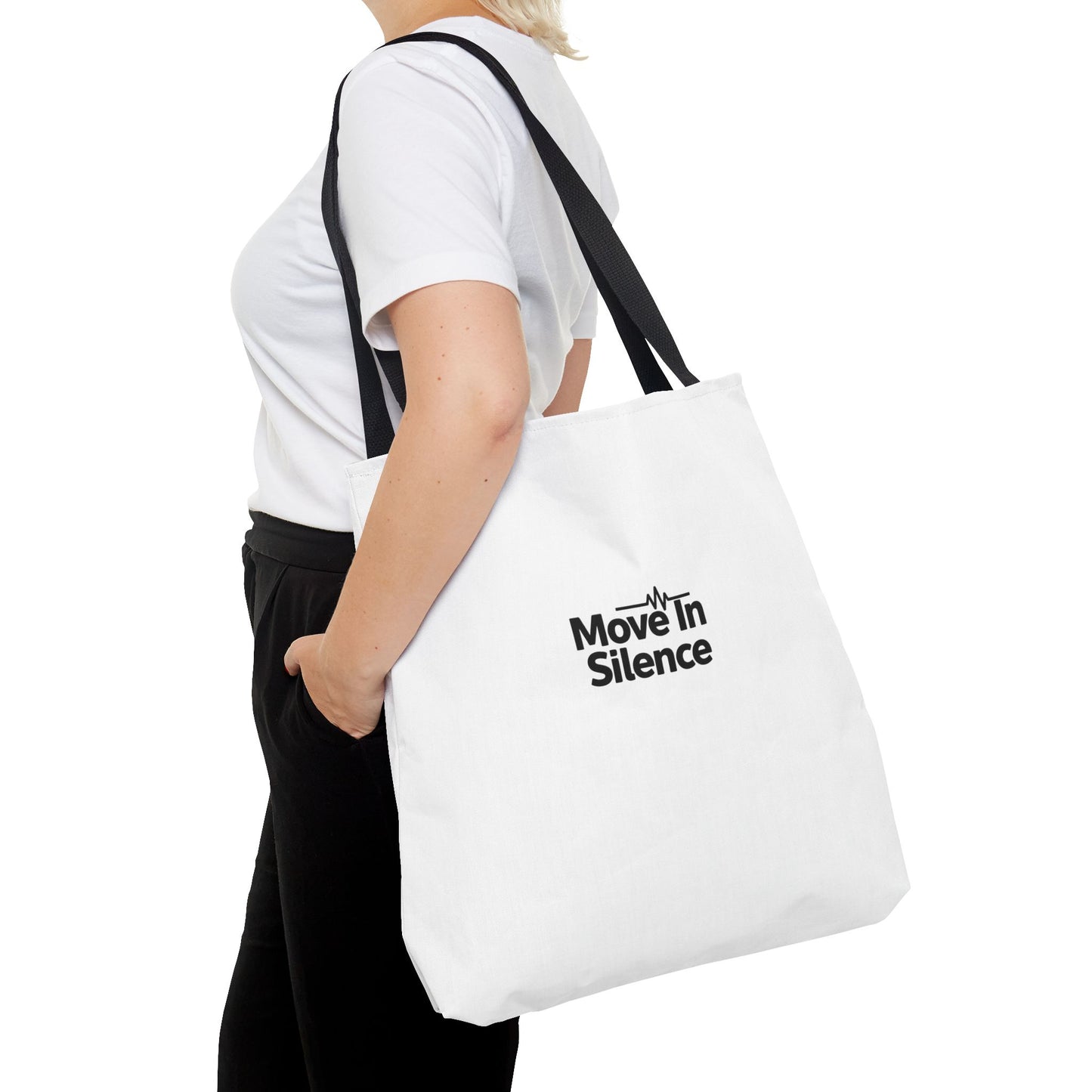 Move In Silence Tote Bag — Minimalist Black Logo Everyday Shopper
