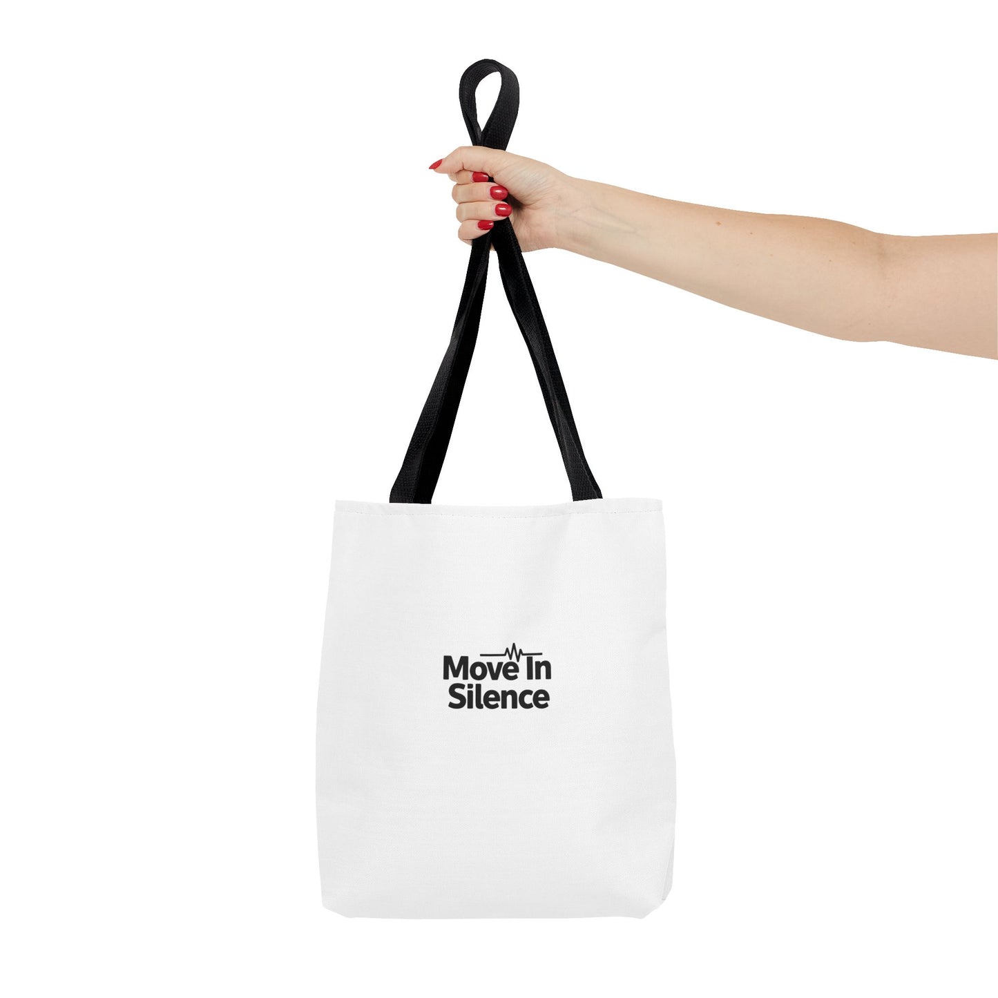 Move In Silence Tote Bag — Minimalist Black Logo Everyday Shopper