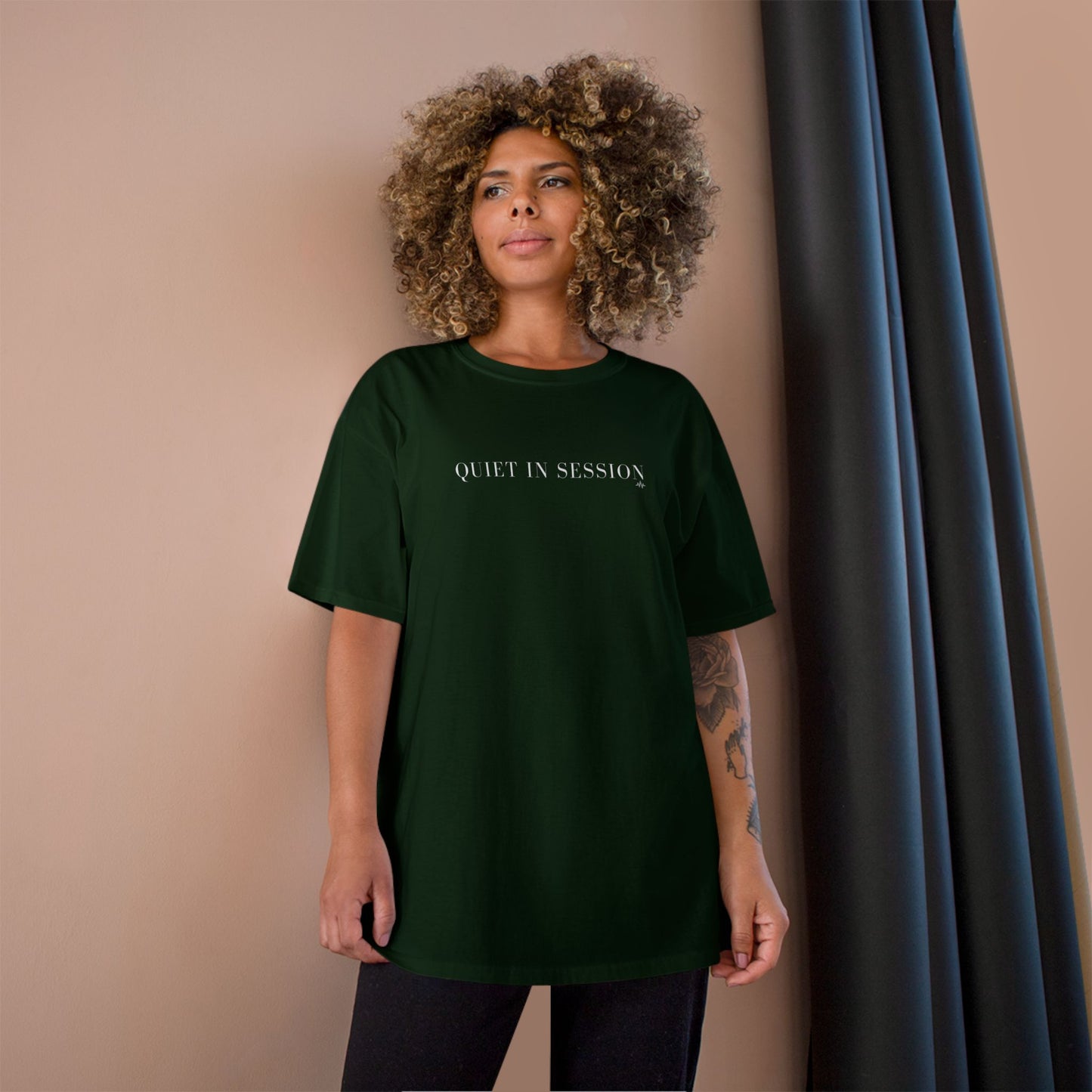 Quiet In Session Champion T-Shirt — Minimalist White Crewneck Tee