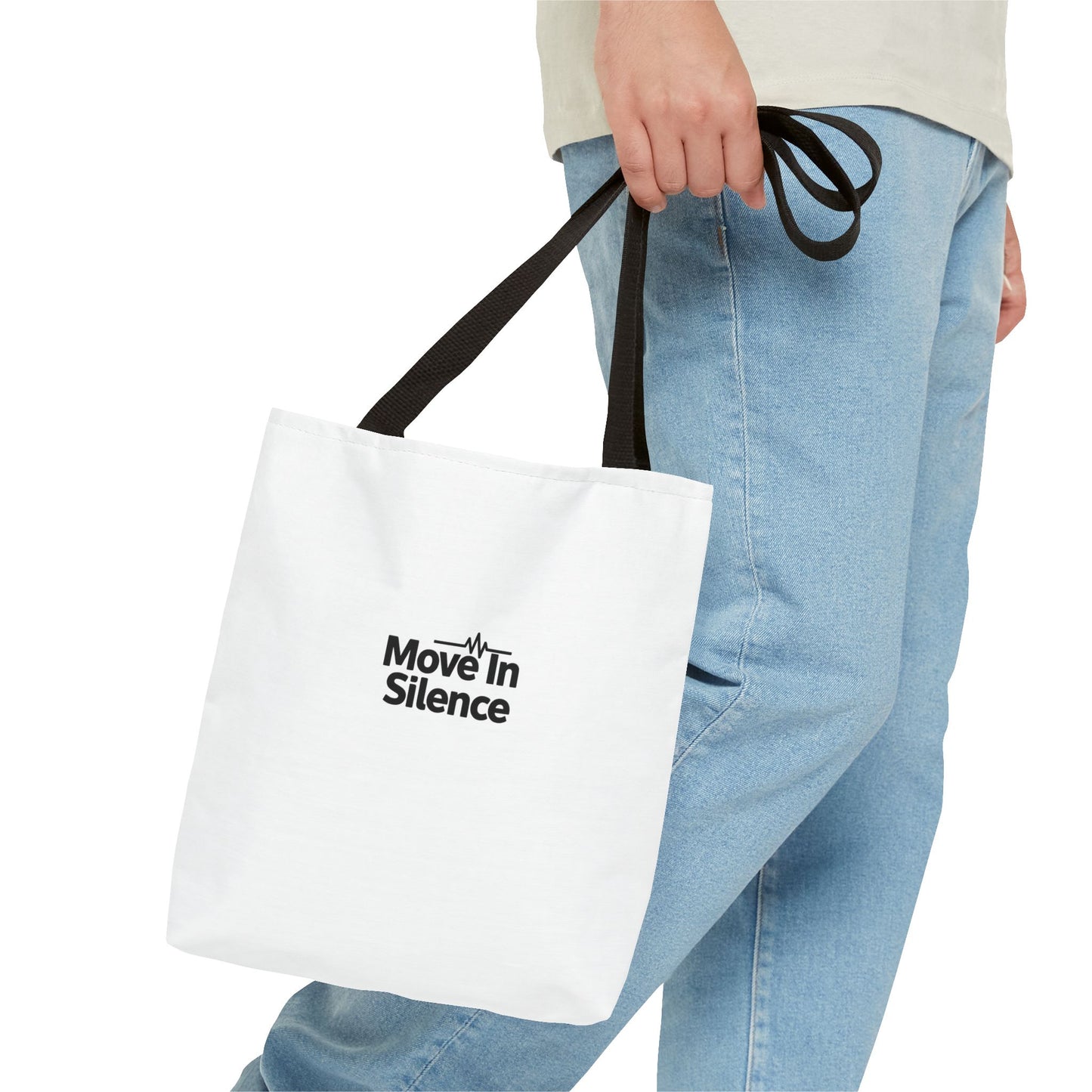 Move In Silence Tote Bag — Minimalist Black Logo Everyday Shopper