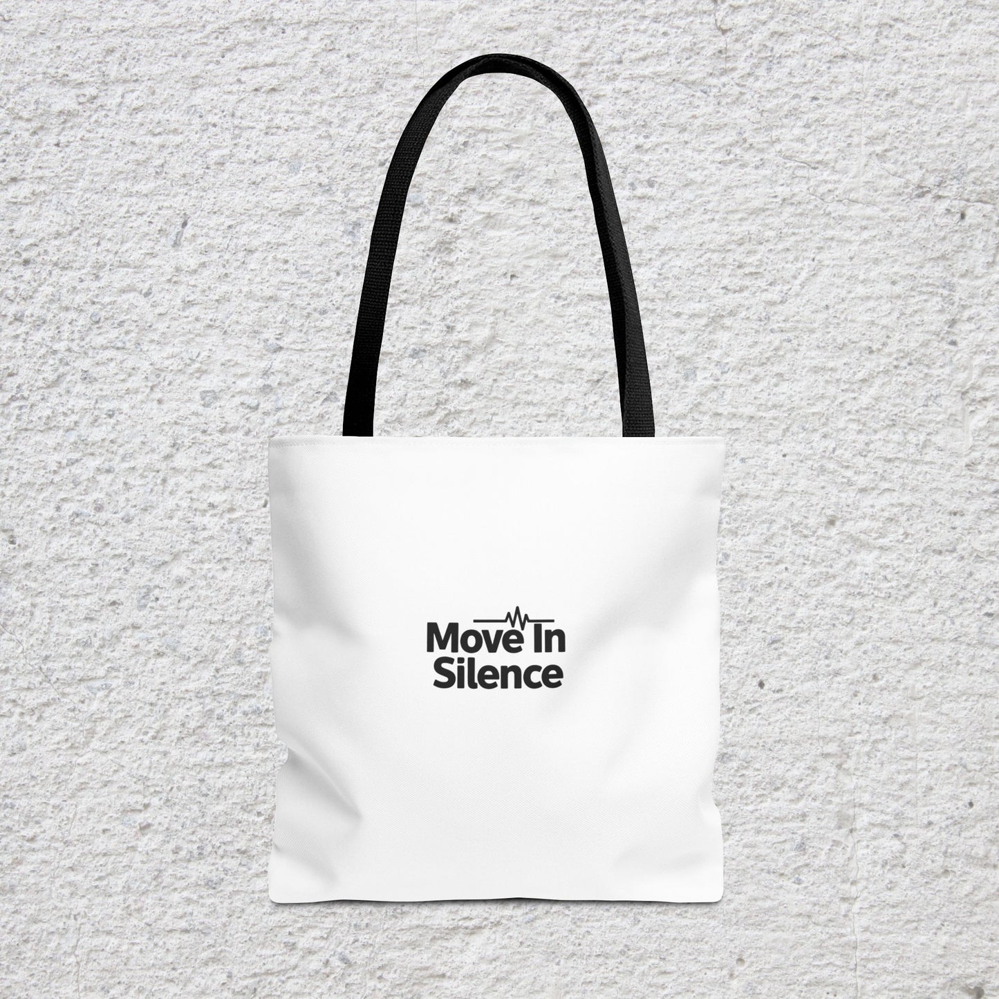 Move In Silence Tote Bag — Minimalist Black Logo Everyday Shopper