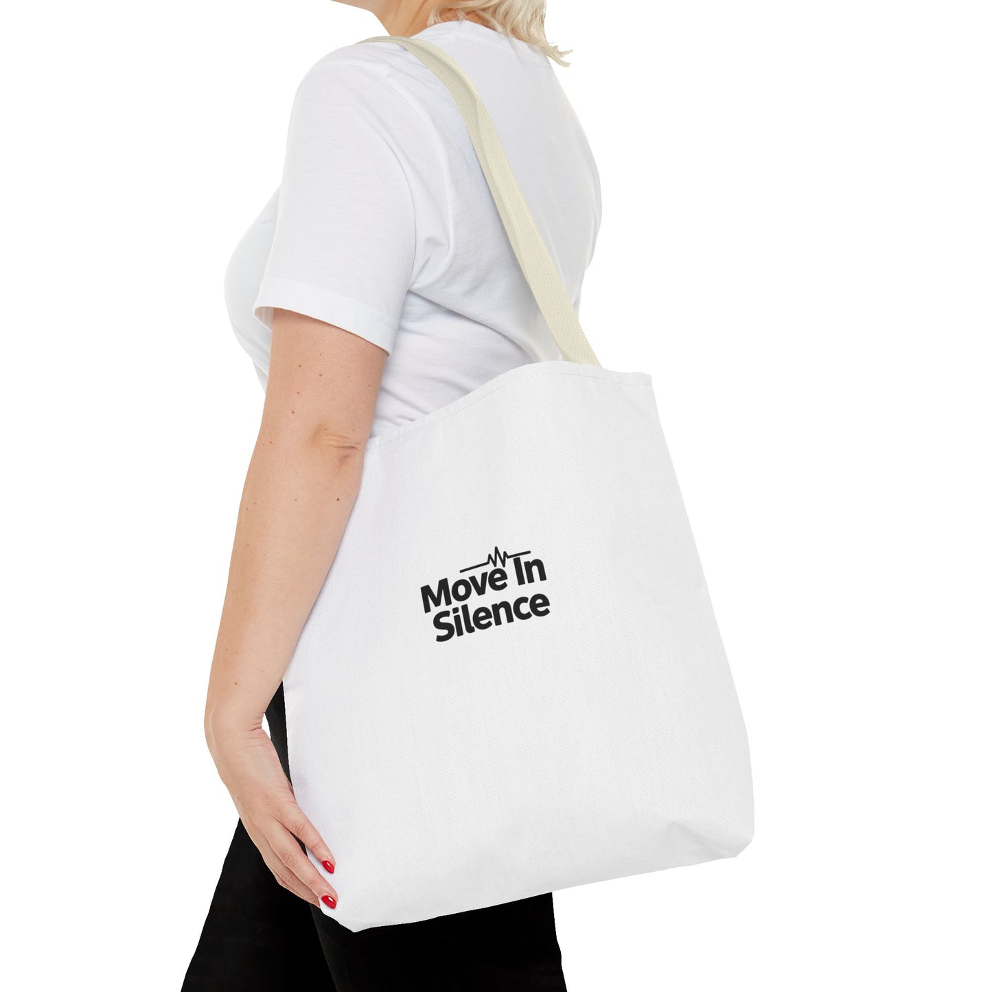 Move In Silence Tote Bag — Minimalist Black Logo Everyday Shopper