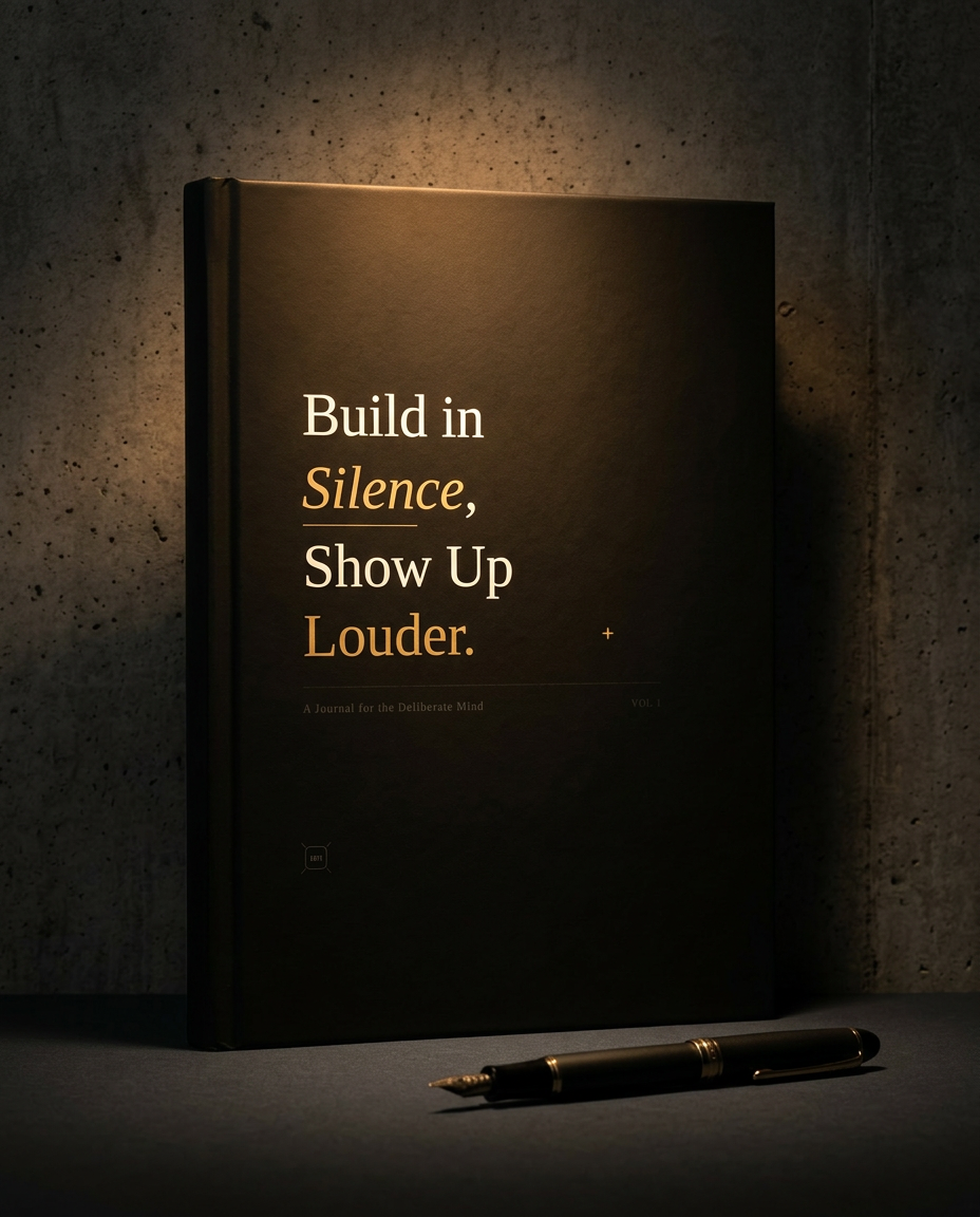 Motivational Hardcover Journal — “Build in Silence, Show Up Louder” / “The Room Always Feels Who Never Left.”