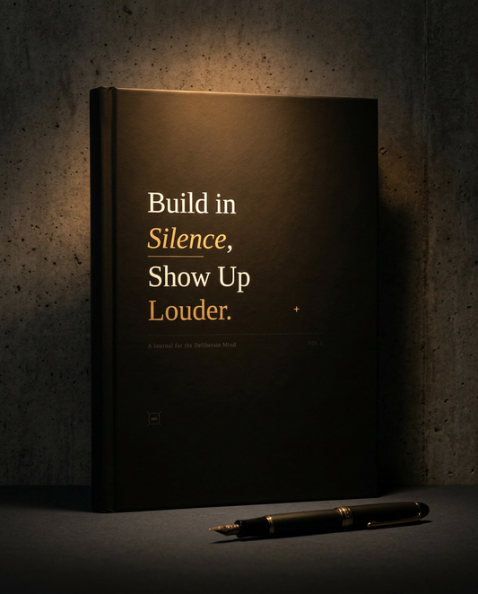 Motivational Hardcover Journal — “Build in Silence, Show Up Louder” / “The Room Always Feels Who Never Left.”