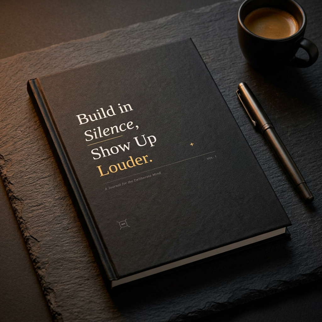 Motivational Hardcover Journal — “Build in Silence, Show Up Louder” / “The Room Always Feels Who Never Left.”
