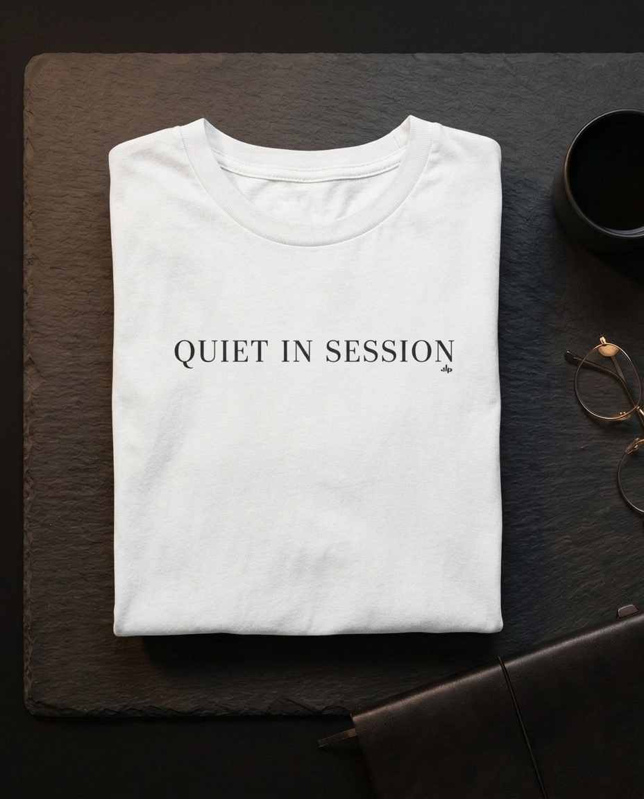 Quiet In Session Champion T-Shirt — Minimalist White Crewneck Tee