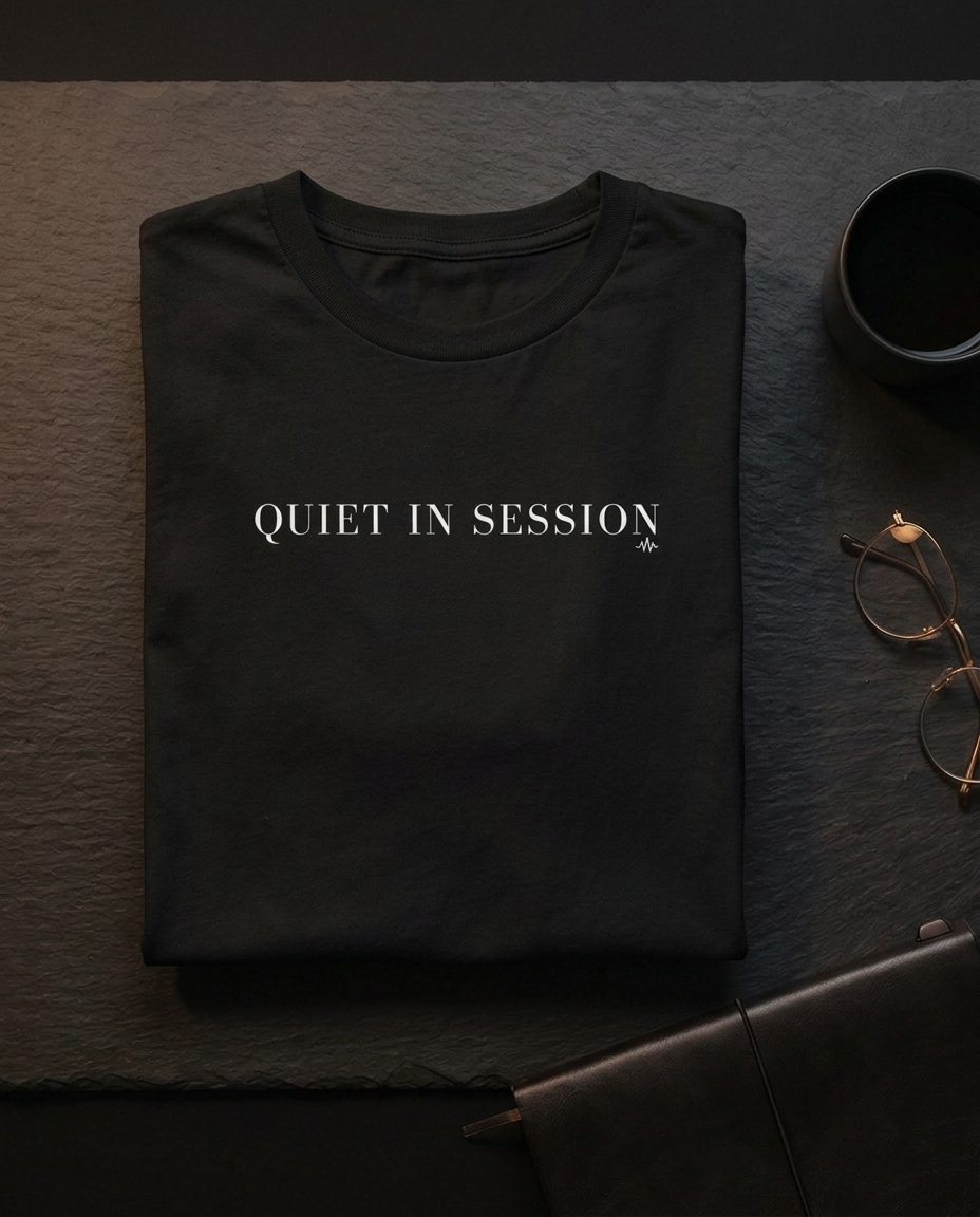 Quiet In Session Champion T-Shirt — Minimalist White Crewneck Tee