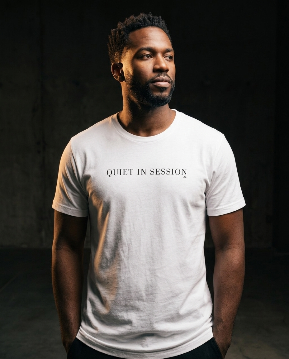 Quiet In Session Champion T-Shirt — Minimalist White Crewneck Tee