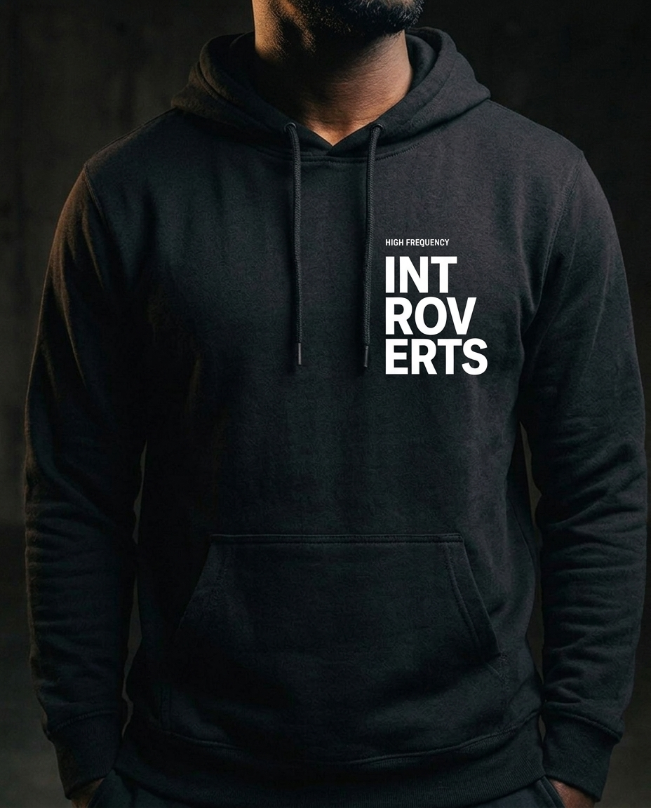 Introverts Minimalist Hoodie — 'INTROVERTS' Vertical Chest Graphic, Cozy Fleece Pullover